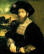 Dosso Dossi portratt av en man i svart barett Spain oil painting artist